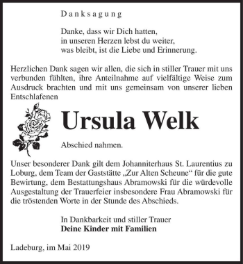 Traueranzeige von Ursula Welk  von Magdeburger Volksstimme
