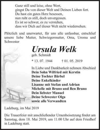 Traueranzeige von Ursula Welk (geb. Schmidt)  von Magdeburger Volksstimme