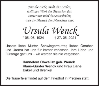 Traueranzeige von Ursula Wenck  von Magdeburger Volksstimme