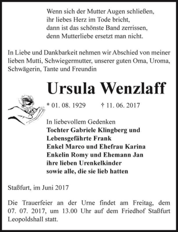 Traueranzeige von Ursula Wenzlaff  von Magdeburger Volksstimme