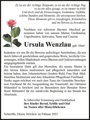 Traueranzeige von Ursula Wenzlau (geb. Abert)  von Magdeburger Volksstimme