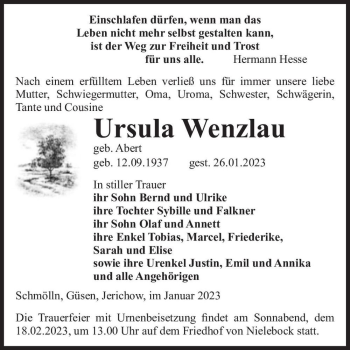Traueranzeige von Ursula Wenzlau (geb. Abert)  von Magdeburger Volksstimme