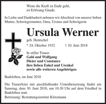 Traueranzeige von Ursula Werner (geb. Hentschel)  von Magdeburger Volksstimme