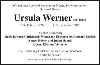 Traueranzeige von Ursula Werner (geb. Hiller)  von Magdeburger Volksstimme