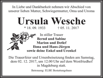 Traueranzeige von Ursula Wesche  von Magdeburger Volksstimme