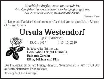 Traueranzeige von Ursula Westendorf (geb. Hildebrandt)  von Magdeburger Volksstimme