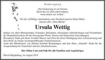 Traueranzeige von Ursula Wettig  von Magdeburger Volksstimme