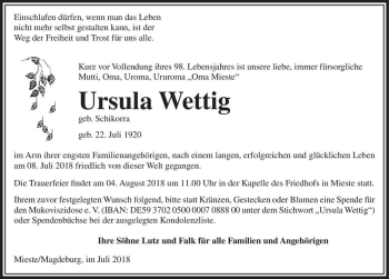 Traueranzeige von Ursula Wettig (geb. Schikorra)  von Magdeburger Volksstimme