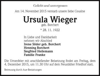 Traueranzeige von Ursula Wieger (geb. Borchert)  von Magdeburger Volksstimme