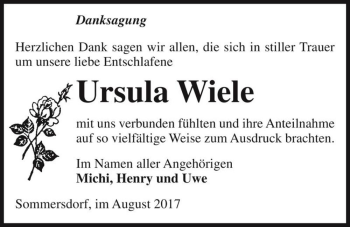 Traueranzeige von Ursula Wiele  von Magdeburger Volksstimme