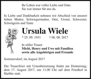 Traueranzeige von Ursula Wiele  von Magdeburger Volksstimme
