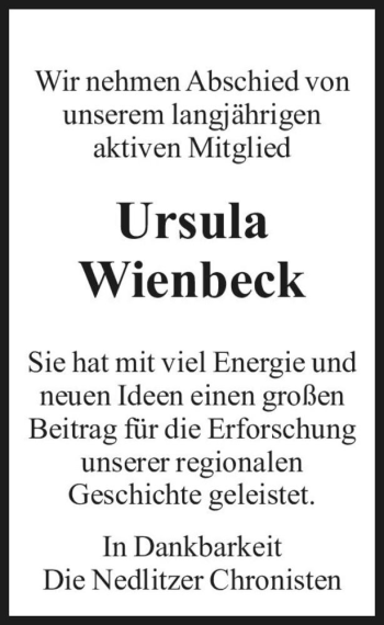 Traueranzeige von Ursula Wienbeck  von Magdeburger Volksstimme