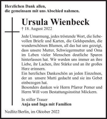 Traueranzeige von Ursula Wienbeck  von Magdeburger Volksstimme