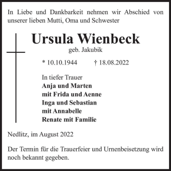 Traueranzeige von Ursula Wienbeck (geb. Jakubik)  von Magdeburger Volksstimme
