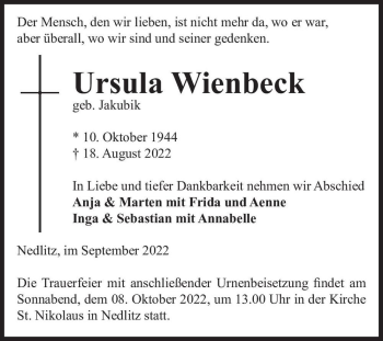 Traueranzeige von Ursula Wienbeck (geb. Jakubik)  von Magdeburger Volksstimme