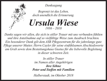 Traueranzeige von Ursula Wiese  von Magdeburger Volksstimme