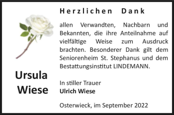 Traueranzeige von Ursula Wiese  von Magdeburger Volksstimme