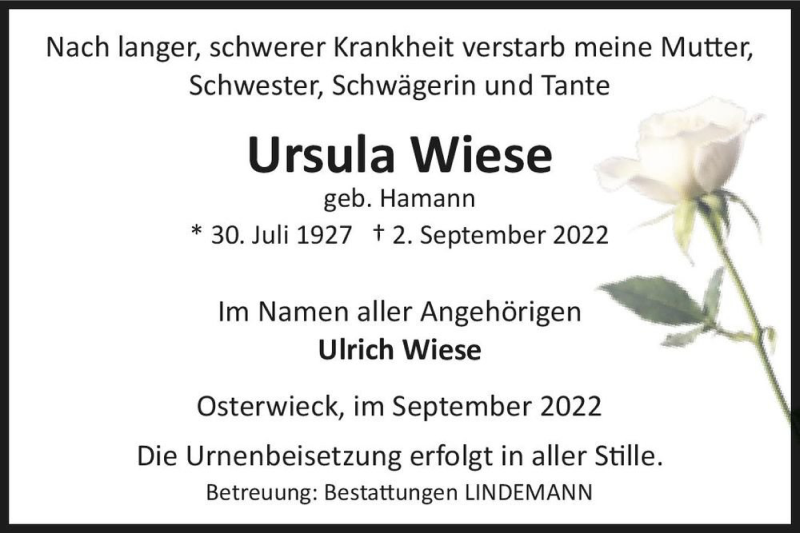  Traueranzeige für Ursula Wiese (geb. Hamann)  vom 10.09.2022 aus Magdeburger Volksstimme