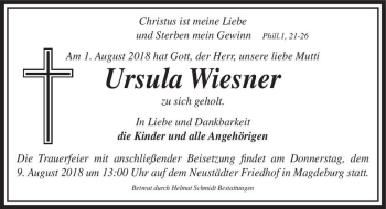Traueranzeige von Ursula Wiesner  von Magdeburger Volksstimme