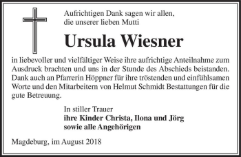 Traueranzeige von Ursula Wiesner  von Magdeburger Volksstimme