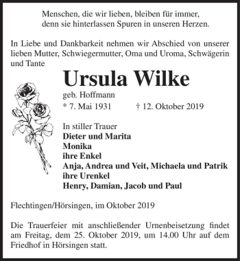 Traueranzeige von Ursula Wilke (geb. Hoffmann)  von Magdeburger Volksstimme