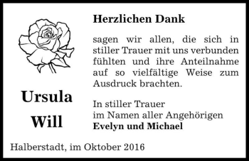 Traueranzeige von Ursula Will  von Magdeburger Volksstimme