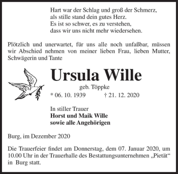 Traueranzeige von Ursula Wille (geb. Töppke)  von Magdeburger Volksstimme
