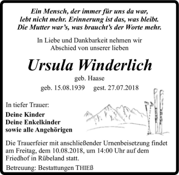 Traueranzeige von Ursula Winderlich (geb. Haase)  von Magdeburger Volksstimme