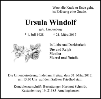 Traueranzeige von Ursula Windolf (geb. Lindenberg)  von Magdeburger Volksstimme