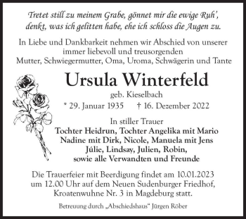 Traueranzeige von Ursula Winterfeld (geb. Kieselbach)  von Magdeburger Volksstimme