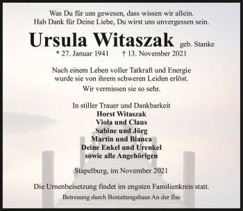 Traueranzeige von Ursula Witaszak (geb. Stanke)  von Magdeburger Volksstimme