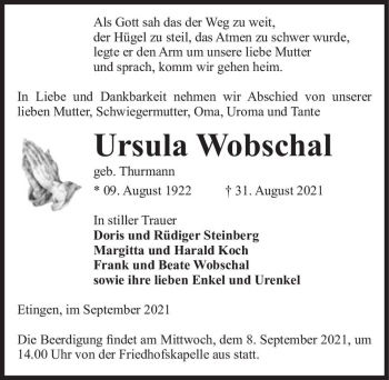 Traueranzeige von Ursula Wobschal (geb. Thurmann)  von Magdeburger Volksstimme