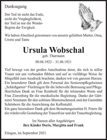 Traueranzeige von Ursula Wobschal (geb. Thurmann)  von Magdeburger Volksstimme