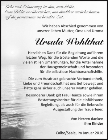 Traueranzeige von Ursula Wohlthat  von Magdeburger Volksstimme