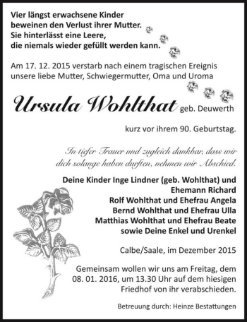 Traueranzeige von Ursula Wohlthat (geb. Deuwerth)  von Magdeburger Volksstimme