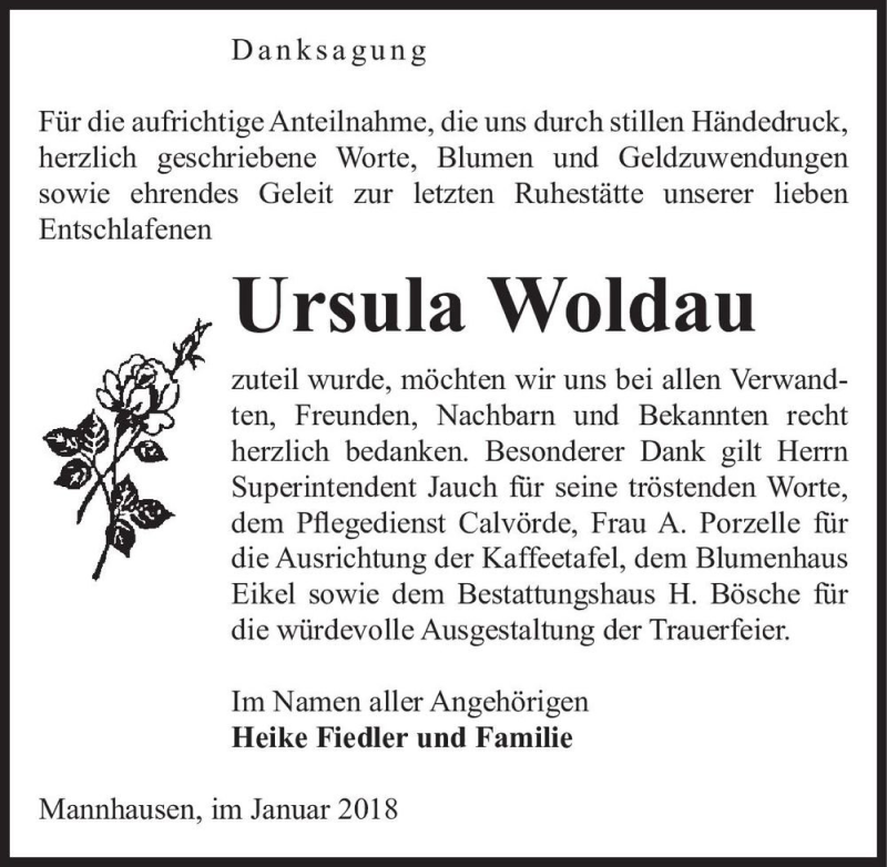  Traueranzeige für Ursula Woldau  vom 25.01.2018 aus Magdeburger Volksstimme