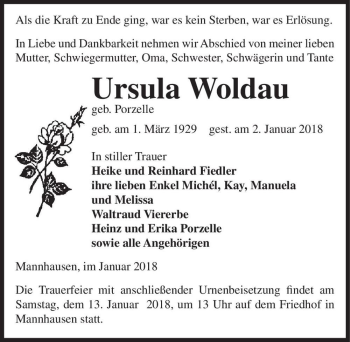 Traueranzeige von Ursula Woldau (geb. Porzelle)  von Magdeburger Volksstimme