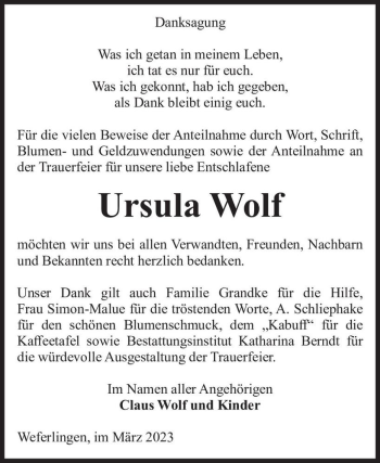 Traueranzeige von Ursula Wolf  von Magdeburger Volksstimme