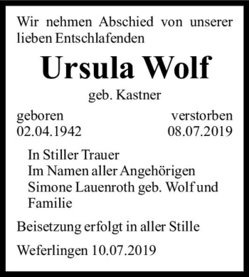 Traueranzeige von Ursula Wolf (geb. Kastner)  von Magdeburger Volksstimme