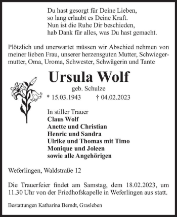 Traueranzeige von Ursula Wolf (geb. Schulze)  von Magdeburger Volksstimme