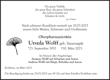 Traueranzeige von Ursula Wolff (geb. Sauerzapfe)  von Magdeburger Volksstimme