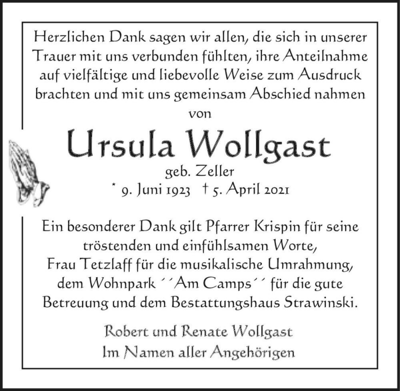  Traueranzeige für Ursula Wollgast (geb. Zeller)  vom 05.05.2021 aus Magdeburger Volksstimme