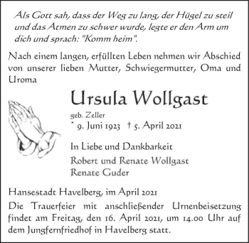 Traueranzeige von Ursula Wollgast (geb. Zeller)  von Magdeburger Volksstimme