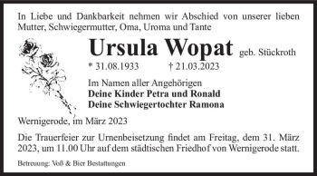 Traueranzeige von Ursula Wopat (geb. Stückroth)  von Magdeburger Volksstimme