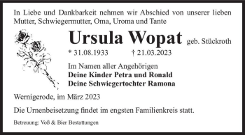 Traueranzeige von Ursula Wopat (geb. Stückroth)  von Magdeburger Volksstimme