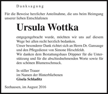 Traueranzeige von Ursula Wottka  von Magdeburger Volksstimme