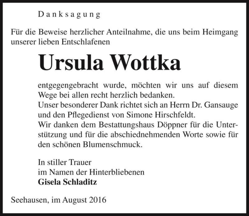  Traueranzeige für Ursula Wottka  vom 27.08.2016 aus Magdeburger Volksstimme