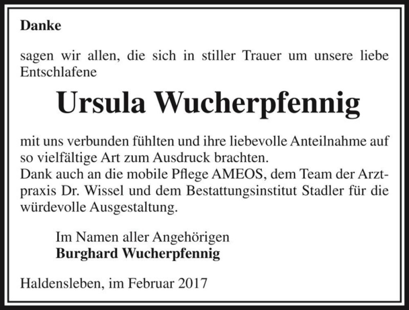  Traueranzeige für Ursula Wucherpfennig  vom 11.02.2017 aus Magdeburger Volksstimme