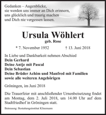 Traueranzeige von Ursula Wöhlert (geb. Rose)  von Magdeburger Volksstimme
