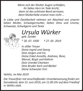 Traueranzeige von Ursula Würker (geb. Zander)  von Magdeburger Volksstimme